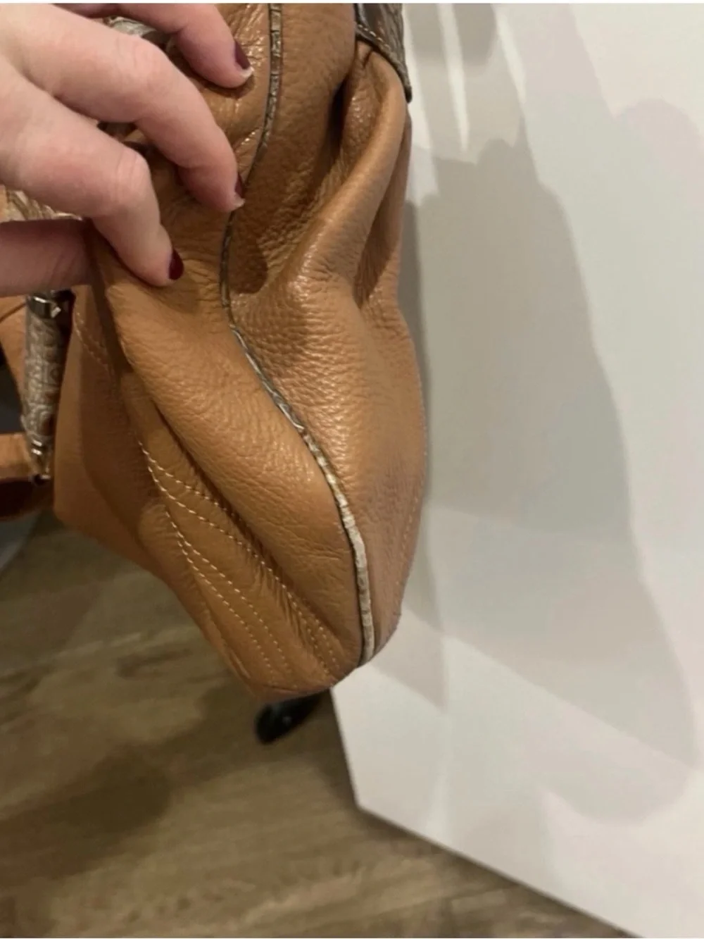 Brown Leather Hobo Bag with Textured Handle - Picture 3 of 4